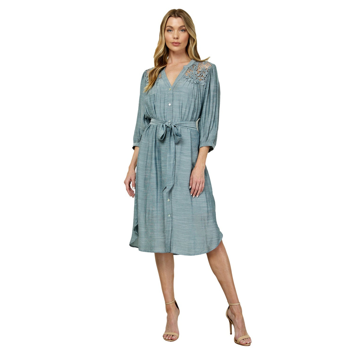 Dressbarn Featured | Button Front Yoke Neck Dress With Lace Shoulders