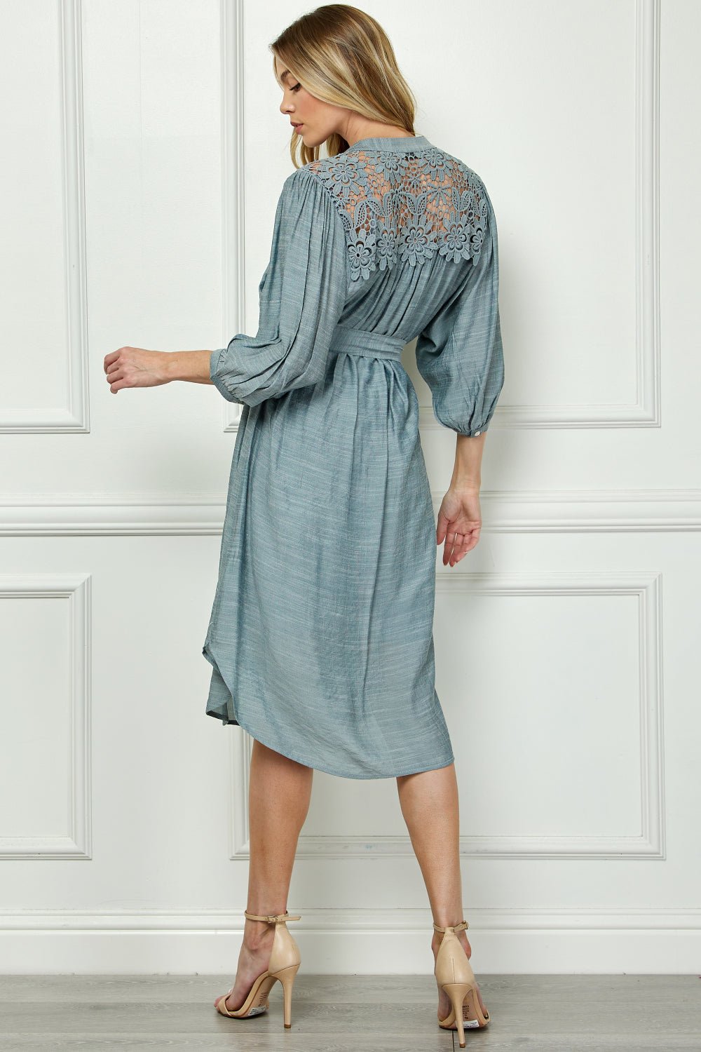 Dressbarn Featured | Button Front Yoke Neck Dress With Lace Shoulders