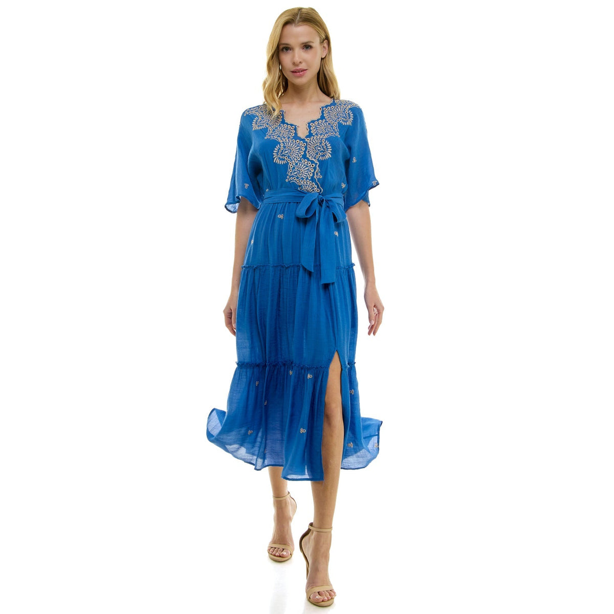 Dressbarn Premium | 3/4 Sleeve Wrap Style Dress With Scallop Embroidered Neck
