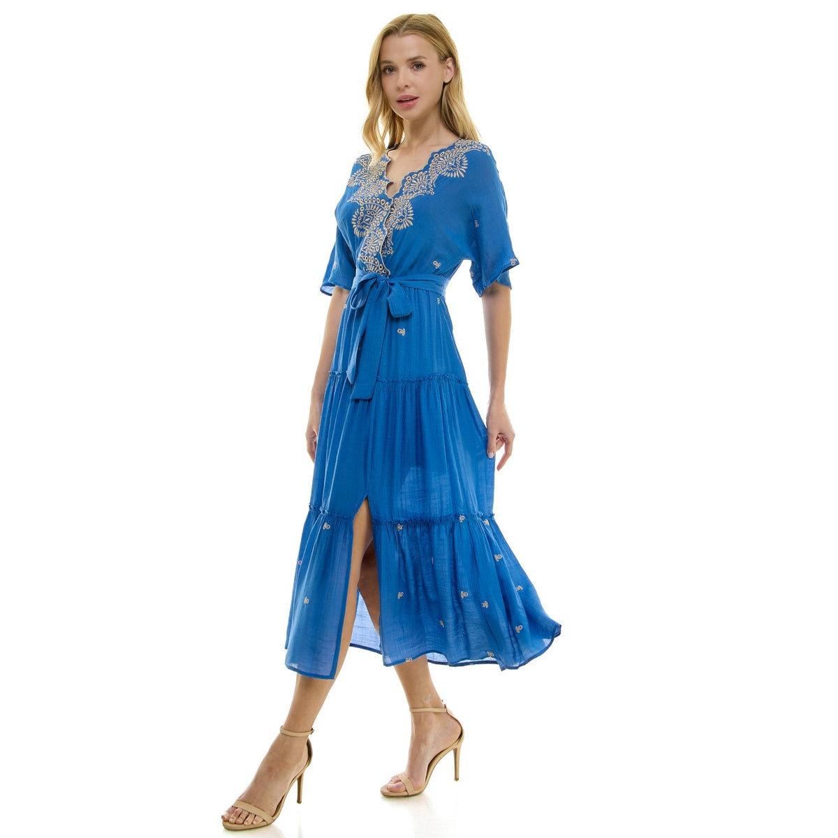 Dressbarn Premium | 3/4 Sleeve Wrap Style Dress With Scallop Embroidered Neck