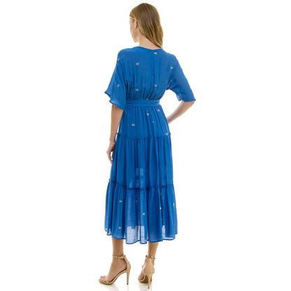Dressbarn Premium | 3/4 Sleeve Wrap Style Dress With Scallop Embroidered Neck