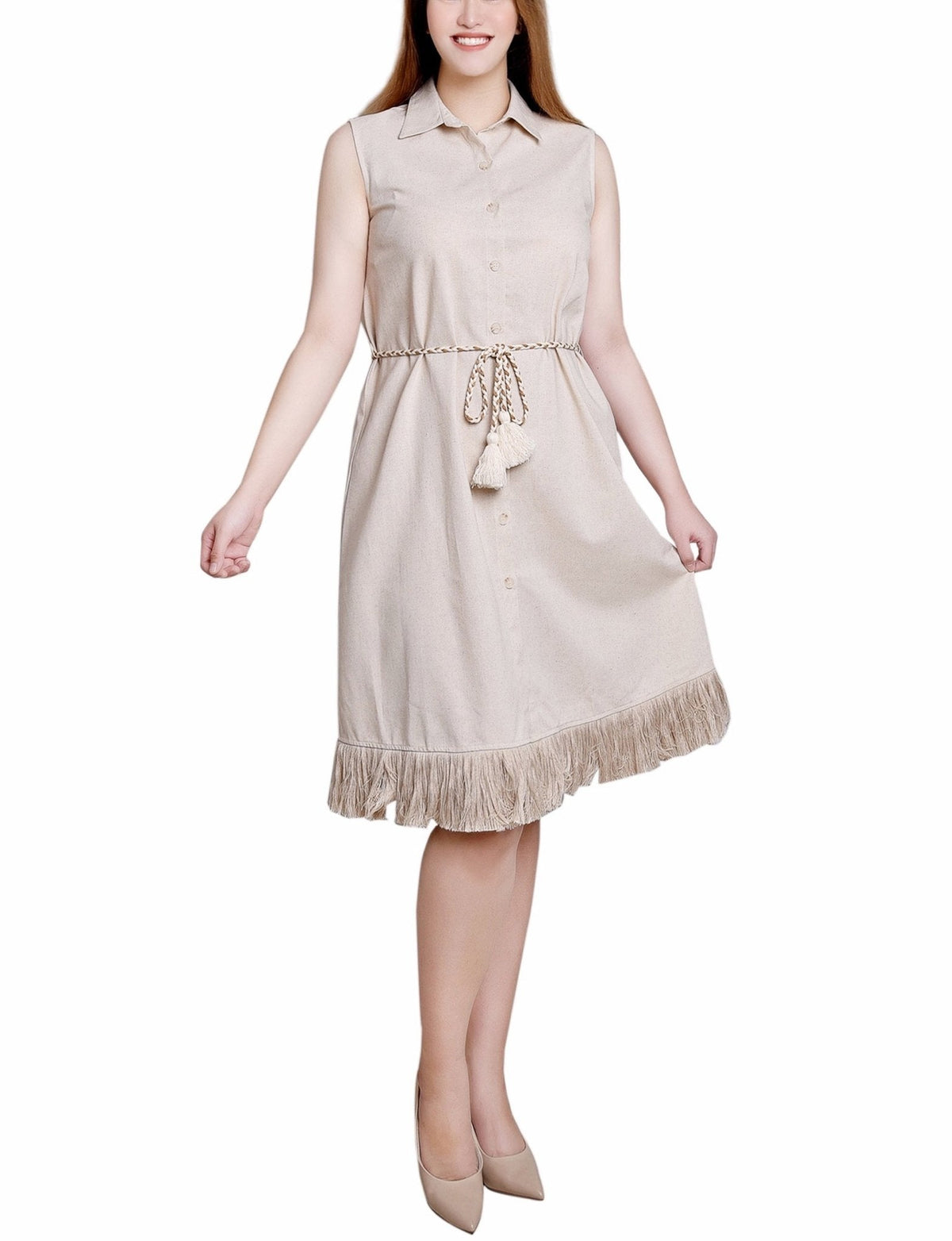 Dressbarn Best Seller | Light Tan Sleeveless Belted Fringed Dress