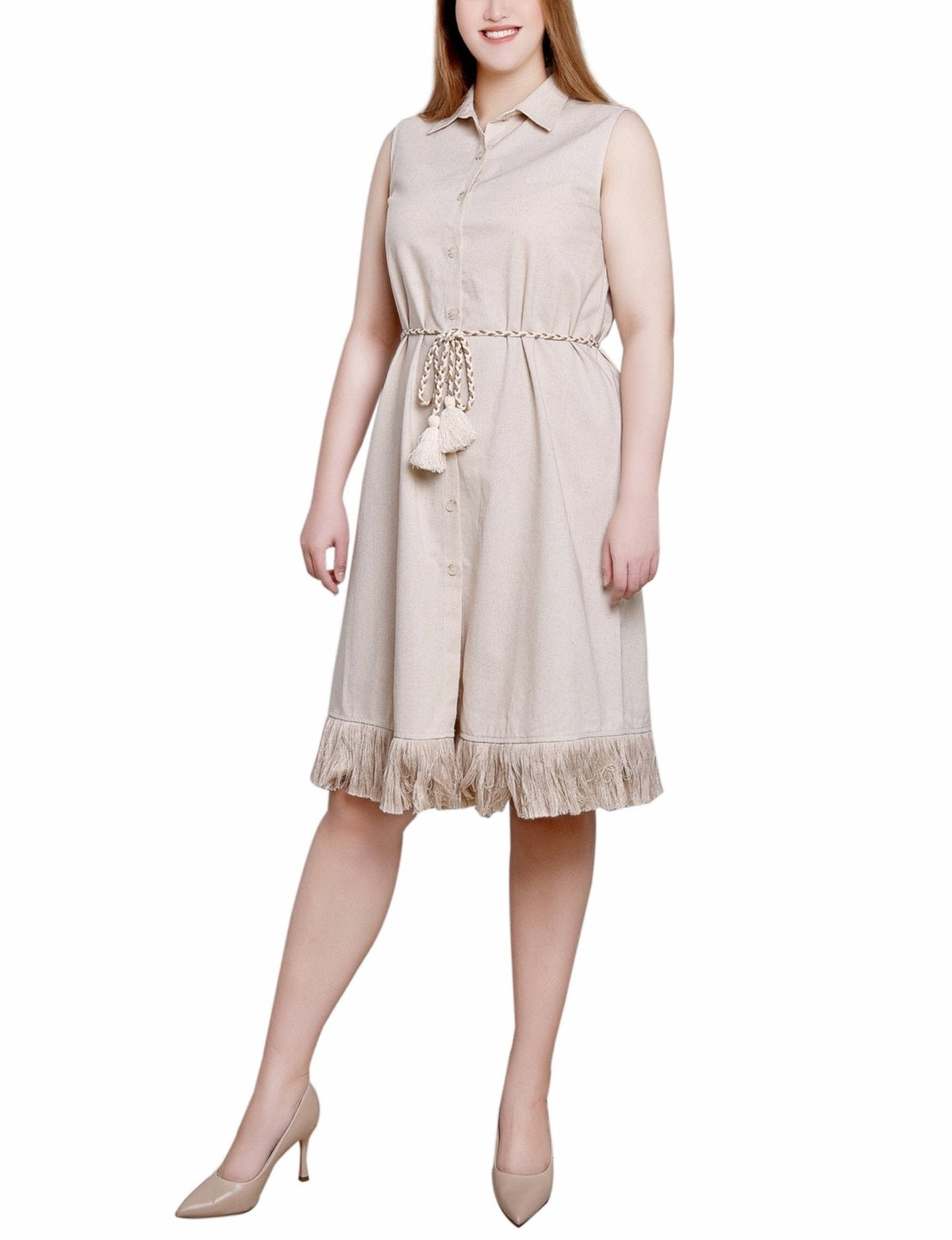 Dressbarn Best Seller | Light Tan Sleeveless Belted Fringed Dress