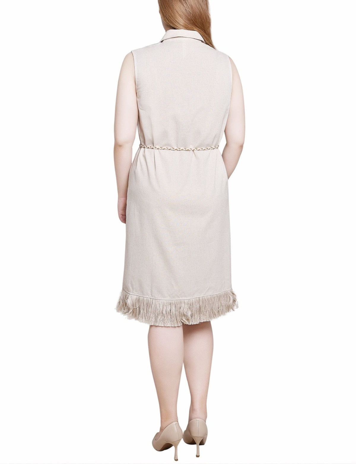 Dressbarn Best Seller | Light Tan Sleeveless Belted Fringed Dress