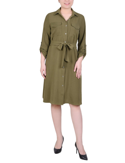 Dressbarn Premium | Burnt Olive Long Roll Tab Sleeve Shirtdress