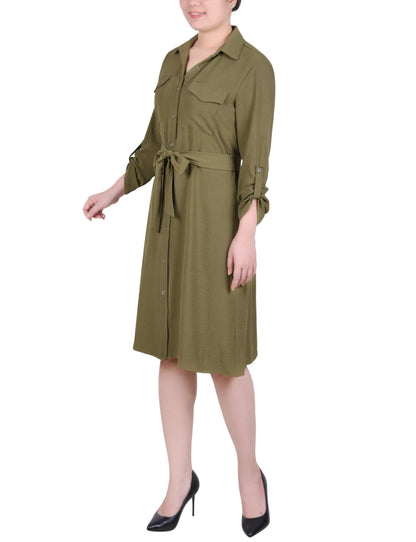 Dressbarn Premium | Burnt Olive Long Roll Tab Sleeve Shirtdress