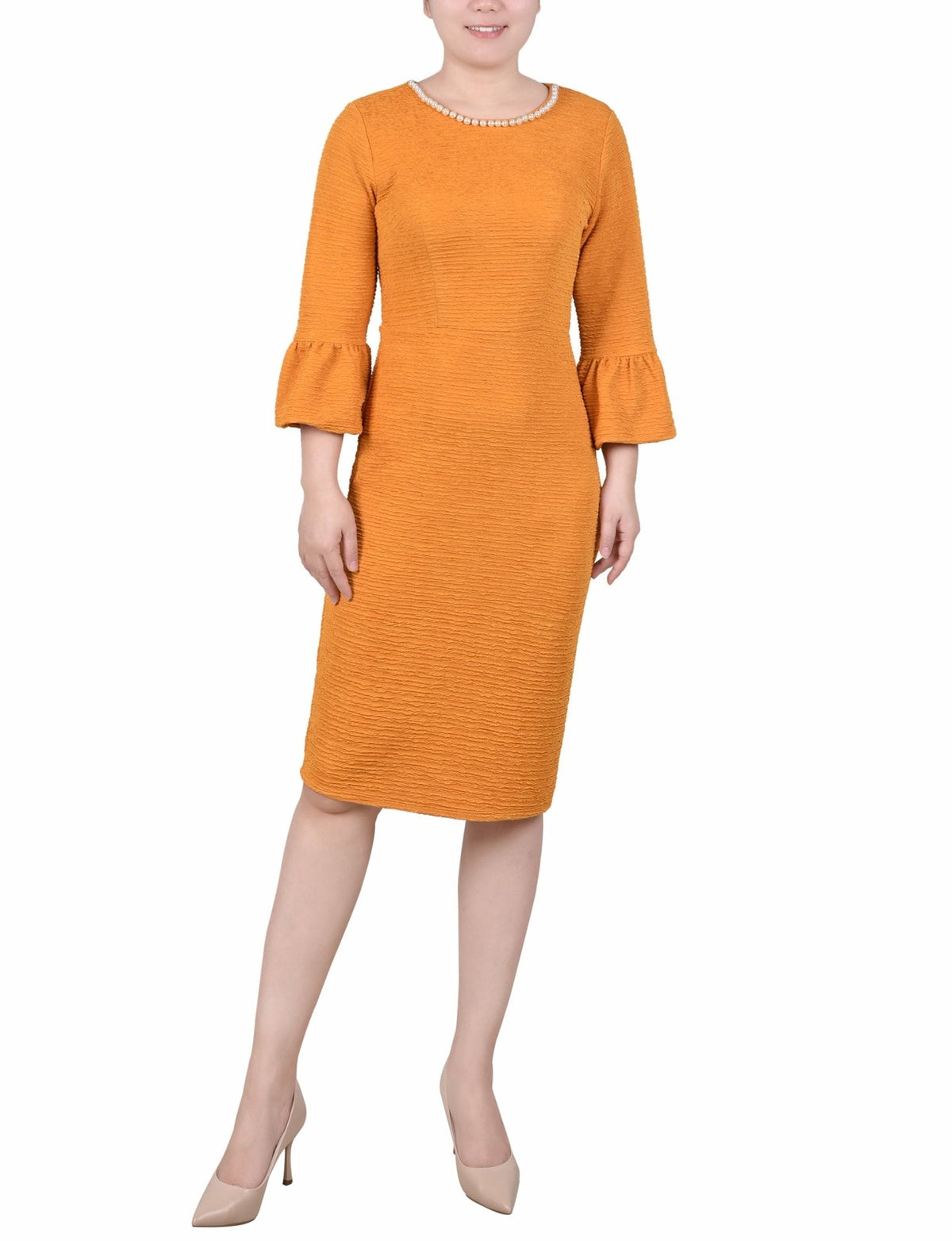 Dressbarn Trending | Mustard 3/4 Length Pearl Detail Dress