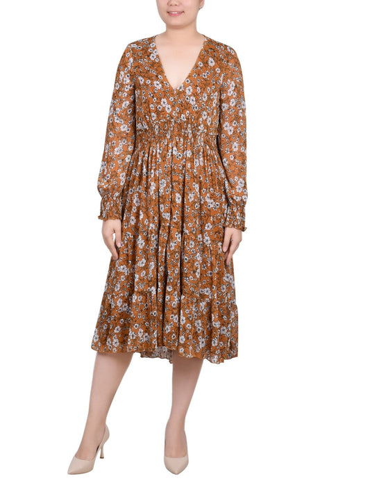 Dressbarn New | Mustard Floral Long Sleeve Clip Dot Chiffon Dress With Smocked Waist and Cuffs
