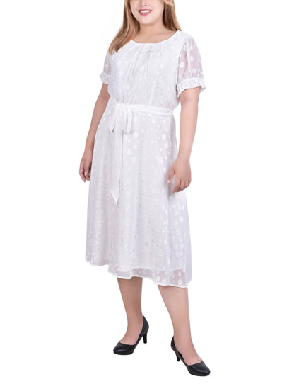 Dressbarn Featured | Ivory Multi Circle Short Sleeve Belted Swiss Dot Dress - Plus