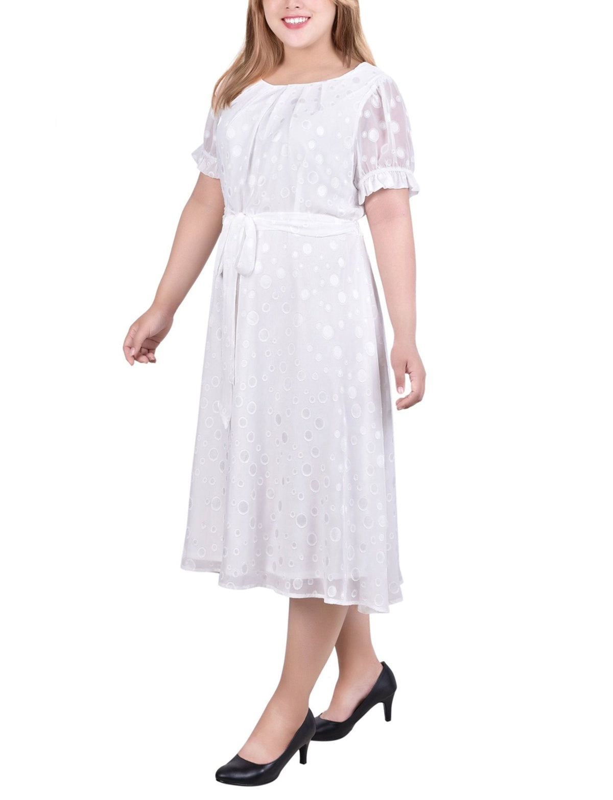 Dressbarn Featured | Ivory Multi Circle Short Sleeve Belted Swiss Dot Dress - Plus