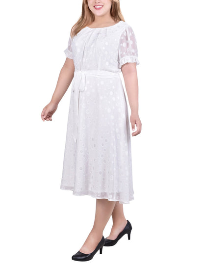 Dressbarn Featured | Ivory Multi Circle Short Sleeve Belted Swiss Dot Dress - Plus
