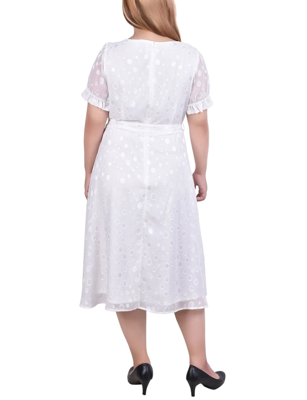 Dressbarn Featured | Ivory Multi Circle Short Sleeve Belted Swiss Dot Dress - Plus