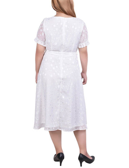 Dressbarn Featured | Ivory Multi Circle Short Sleeve Belted Swiss Dot Dress - Plus