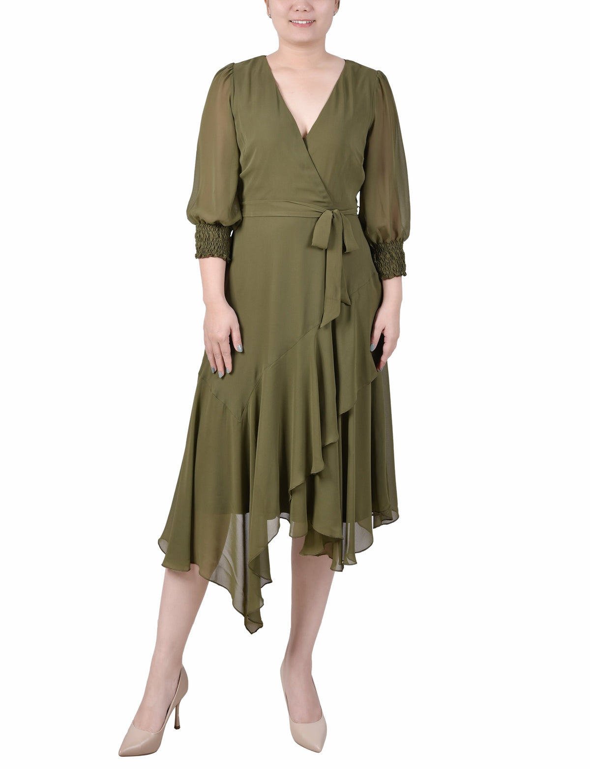 Dressbarn Best Seller | Winter Moss 3/4 Sleeve Belted Chiffon Hankerchief Hem Dress