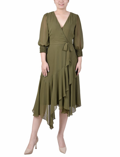 Dressbarn Best Seller | Winter Moss 3/4 Sleeve Belted Chiffon Hankerchief Hem Dress