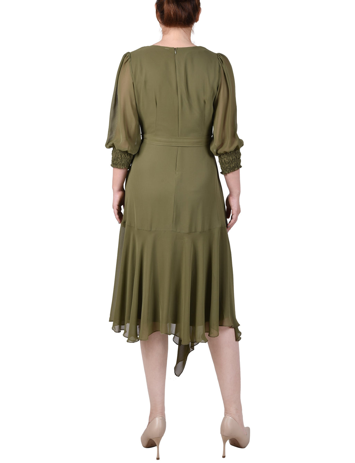 Dressbarn Best Seller | Winter Moss 3/4 Sleeve Belted Chiffon Hankerchief Hem Dress