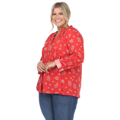 Dressbarn Recommended | Pleated Long Sleeve Leaf Print Blouse - Plus