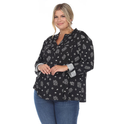 Dressbarn Recommended | Pleated Long Sleeve Leaf Print Blouse - Plus