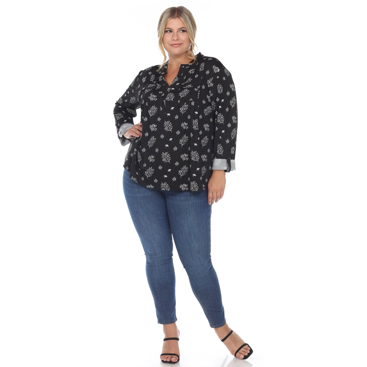 Dressbarn Recommended | Pleated Long Sleeve Leaf Print Blouse - Plus
