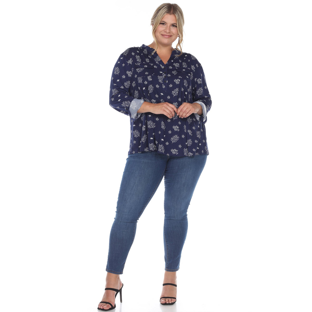 Dressbarn Recommended | Pleated Long Sleeve Leaf Print Blouse - Plus