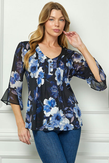 Dressbarn Premium | 3/4 Ruffle Sleeve Pintuck V-Neck Popover Blouse in Blue