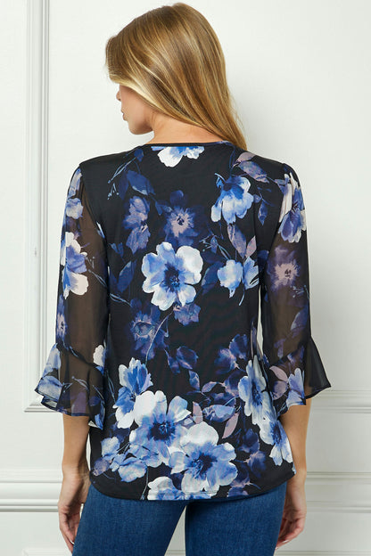 Dressbarn Premium | 3/4 Ruffle Sleeve Pintuck V-Neck Popover Blouse in Blue