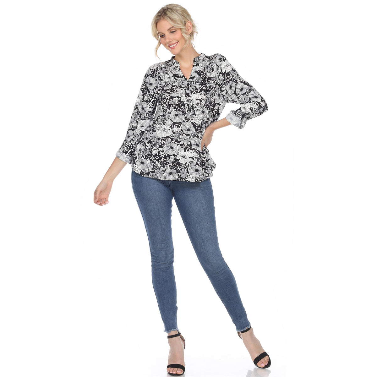 Dressbarn New | Pleated Long Sleeve Floral Print Blouse