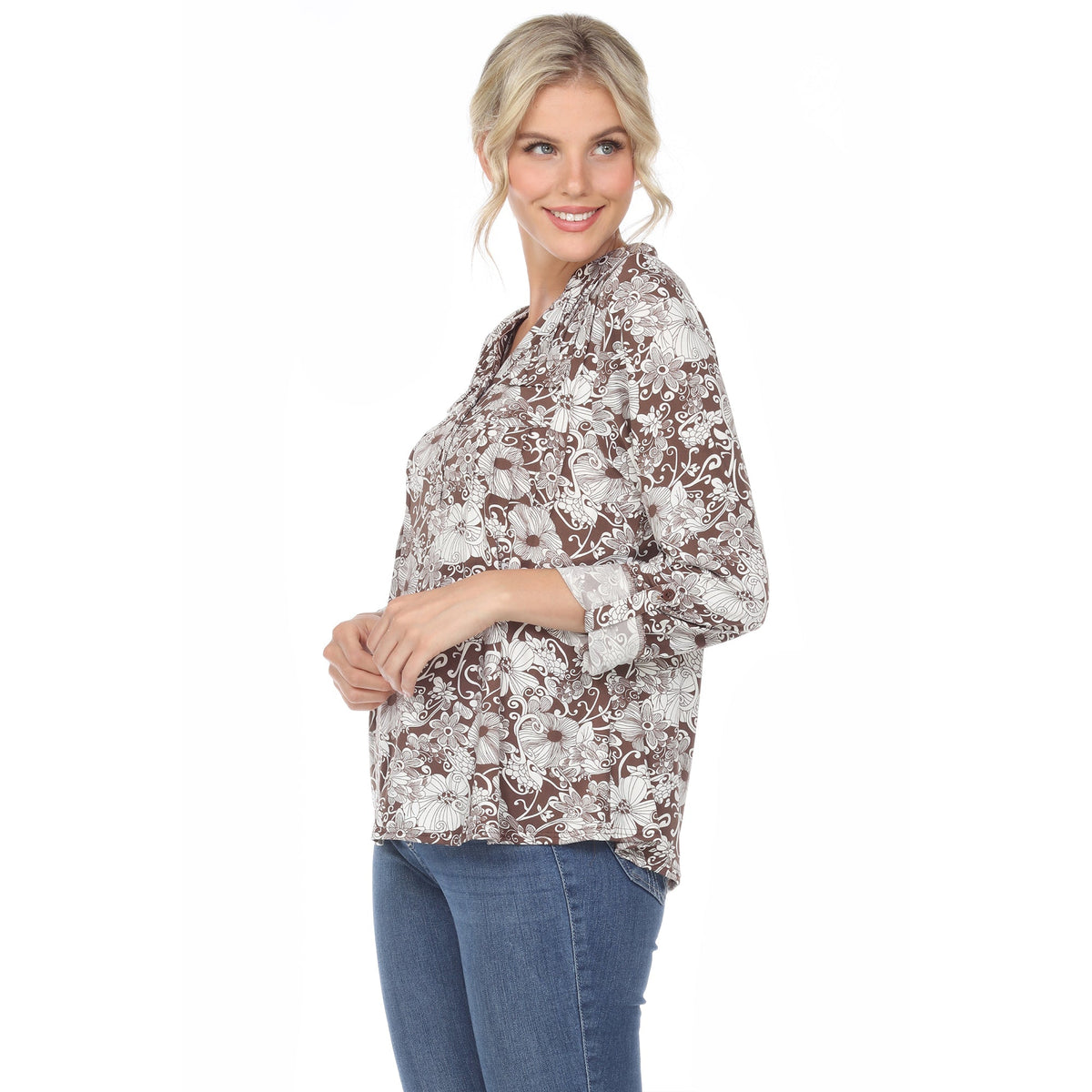 Dressbarn New | Pleated Long Sleeve Floral Print Blouse