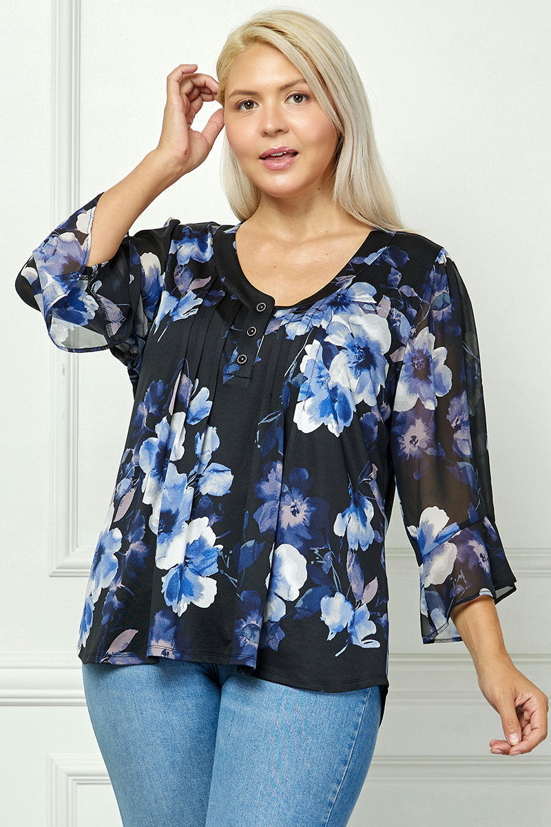Dressbarn Trending | 3/4 Ruffle Sleeve Pintuck V-Neck Popover Blouse in Blue - Plus