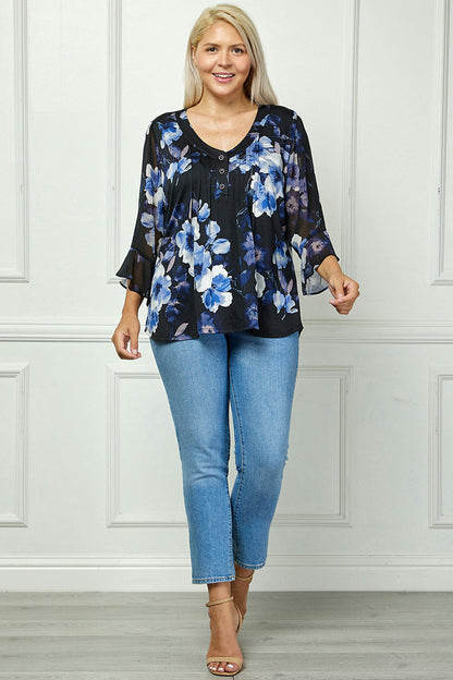Dressbarn Trending | 3/4 Ruffle Sleeve Pintuck V-Neck Popover Blouse in Blue - Plus