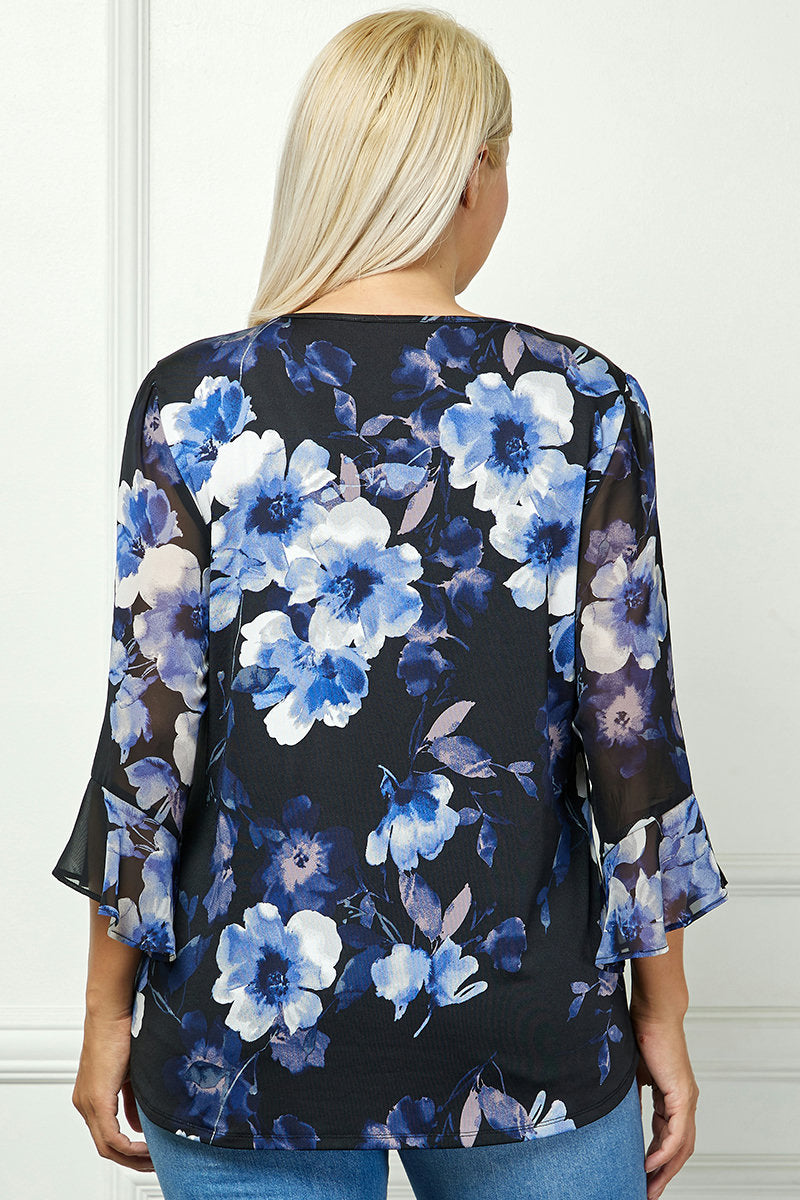 Dressbarn Trending | 3/4 Ruffle Sleeve Pintuck V-Neck Popover Blouse in Blue - Plus