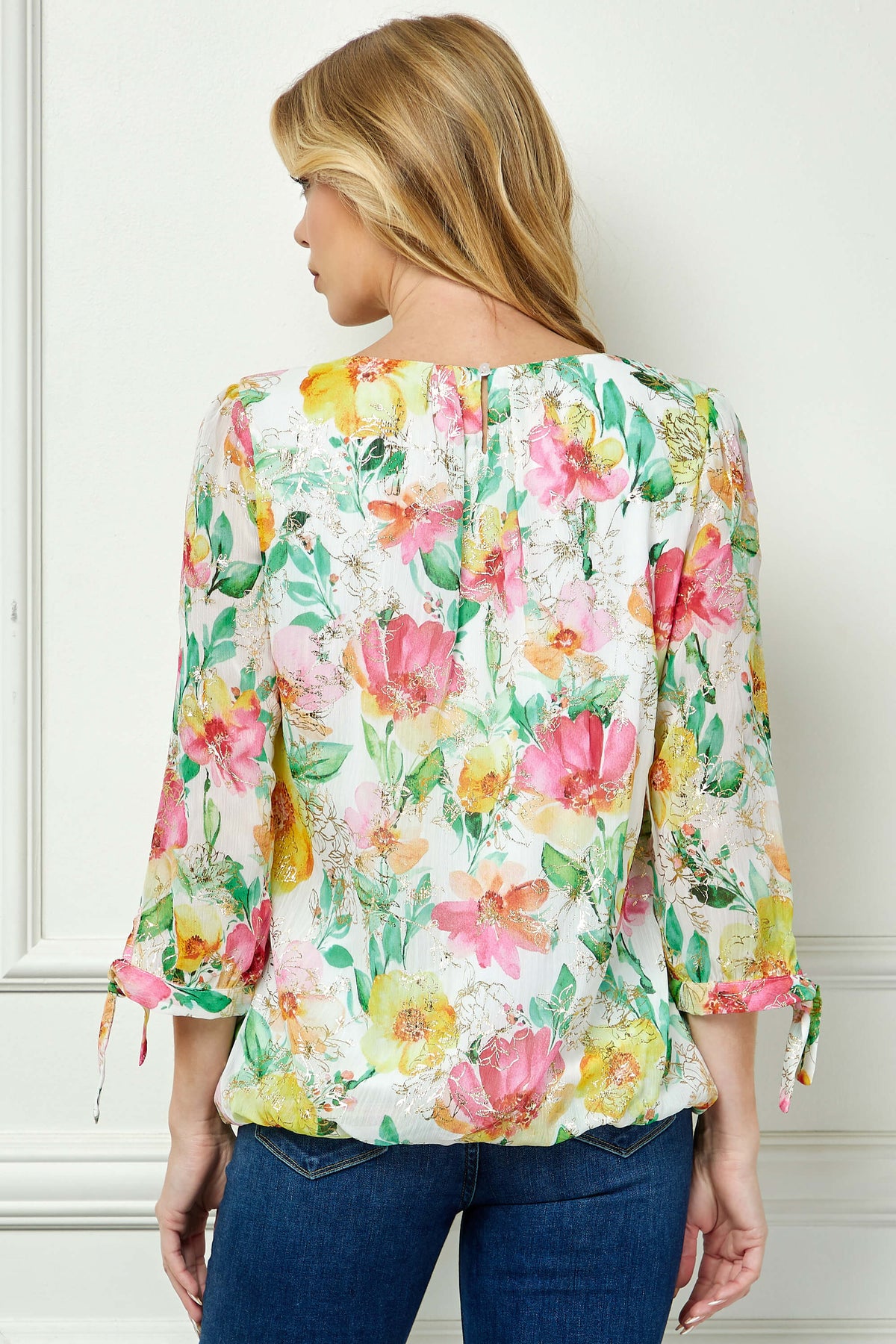 Dressbarn Premium | 3/4 Tie Sleeve Pleat Neck Floral Foil Bubble Blouse in White/Pink/Green Multi