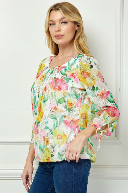 Dressbarn Premium | 3/4 Tie Sleeve Pleat Neck Floral Foil Bubble Blouse in White/Pink/Green Multi
