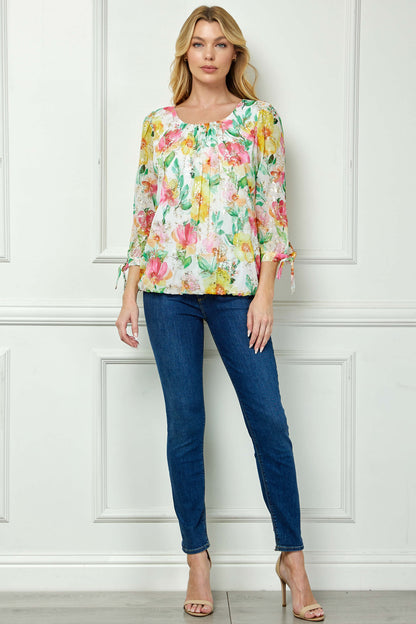 Dressbarn Premium | 3/4 Tie Sleeve Pleat Neck Floral Foil Bubble Blouse in White/Pink/Green Multi