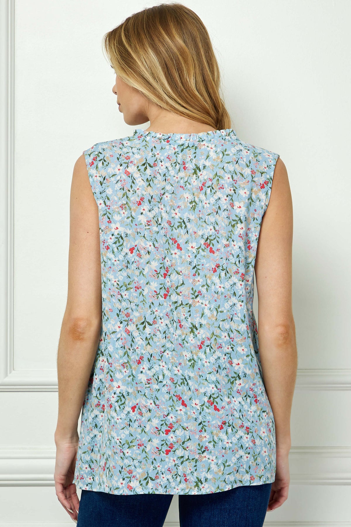 Dressbarn New | Sleeveless Ruffle Neck Tassel Blouse in Blue