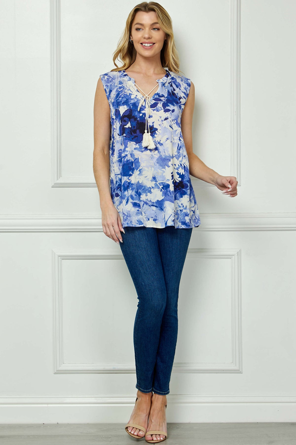 Dressbarn Featured | Sleeveless Ruffle Split Neck Tassel Blouse in Tan/Blue
