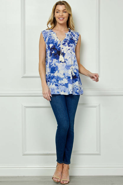 Dressbarn Featured | Sleeveless Ruffle Split Neck Tassel Blouse in Tan/Blue