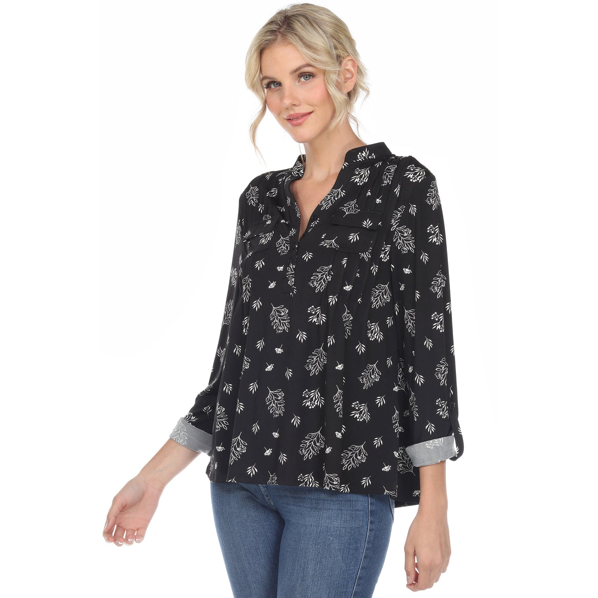Dressbarn Best Seller | Women's Pleated Long Sleeve Leaf Print Blouse