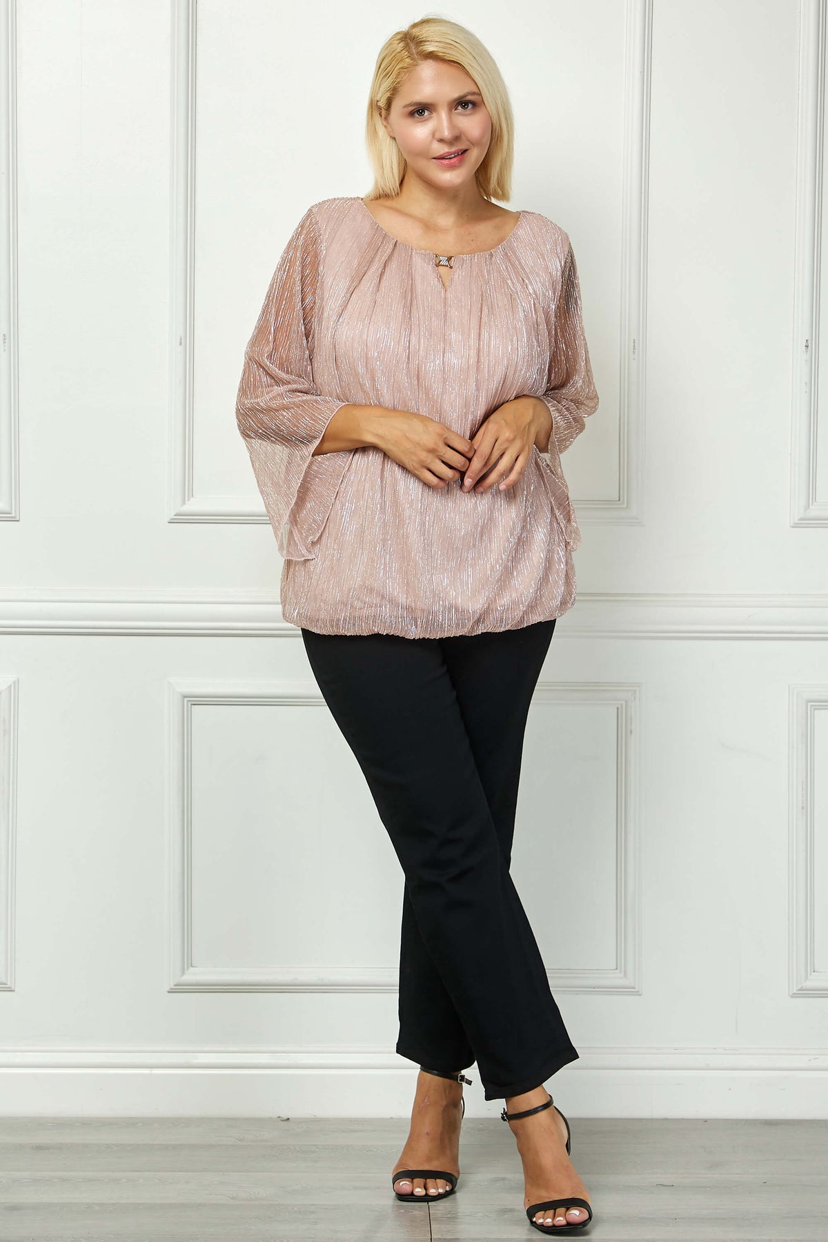 Dressbarn Recommended | 3/4 Flare Sleeve Cutout Neck Bubble Blouse - Pink - Plus