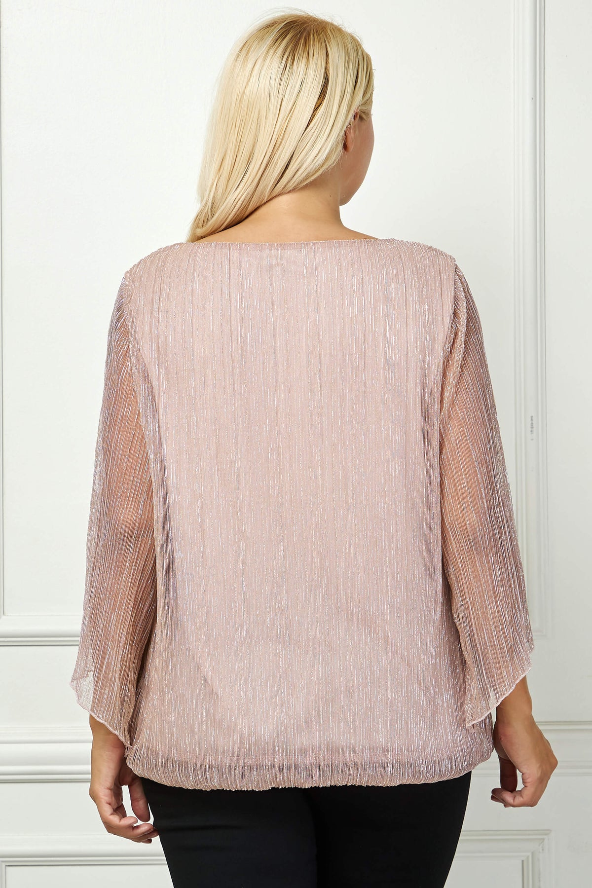 Dressbarn Recommended | 3/4 Flare Sleeve Cutout Neck Bubble Blouse - Pink - Plus