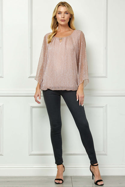 Dressbarn Premium | 3/4 Flare Sleeve Cutout Neck Bubble Blouse - Pink