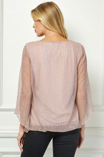 Dressbarn Premium | 3/4 Flare Sleeve Cutout Neck Bubble Blouse - Pink