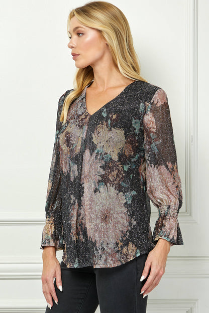 Dressbarn New | 3/4 Ruffle Sleeve V-Neck Blouse - Black