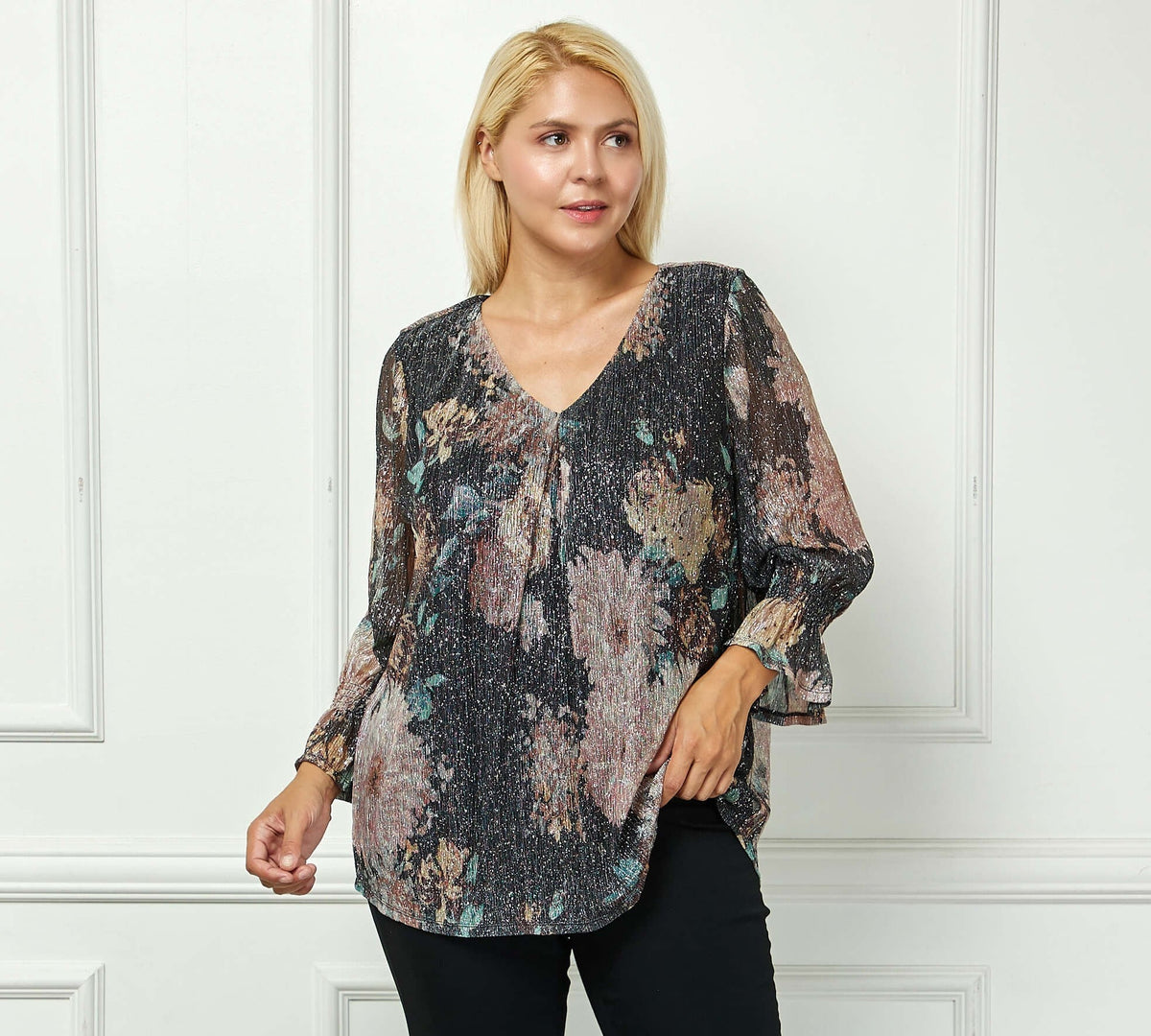 Dressbarn Featured | 3/4 Ruffle Sleeve V-Neck Blouse - Black - Plus