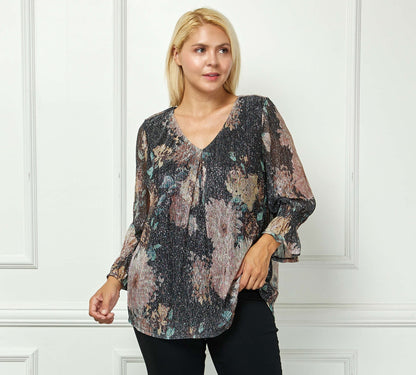 Dressbarn Featured | 3/4 Ruffle Sleeve V-Neck Blouse - Black - Plus