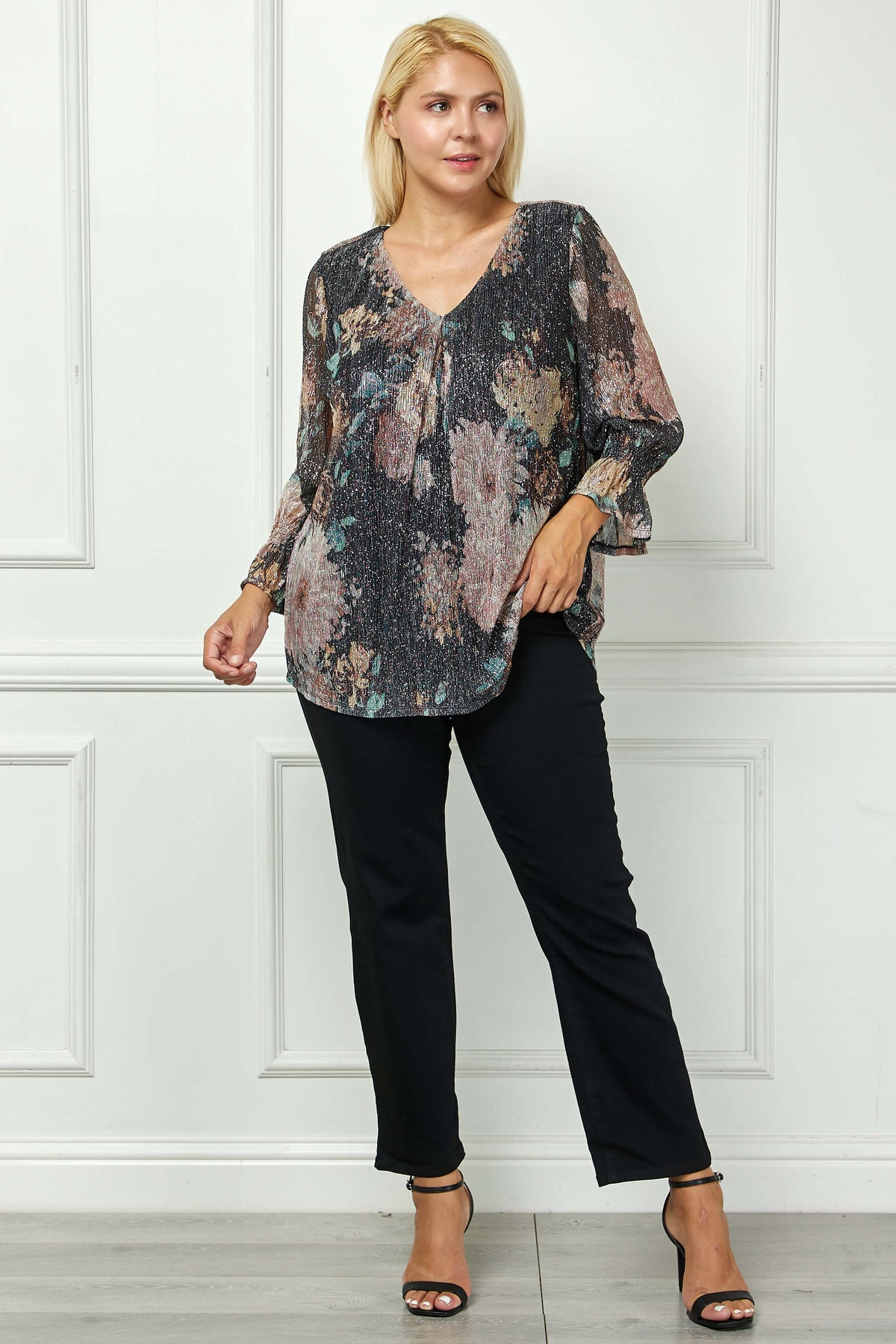 Dressbarn Featured | 3/4 Ruffle Sleeve V-Neck Blouse - Black - Plus