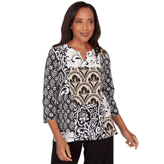 Dressbarn New | Alfred Dunner Geometric Scroll Patchwork Split Neck Top