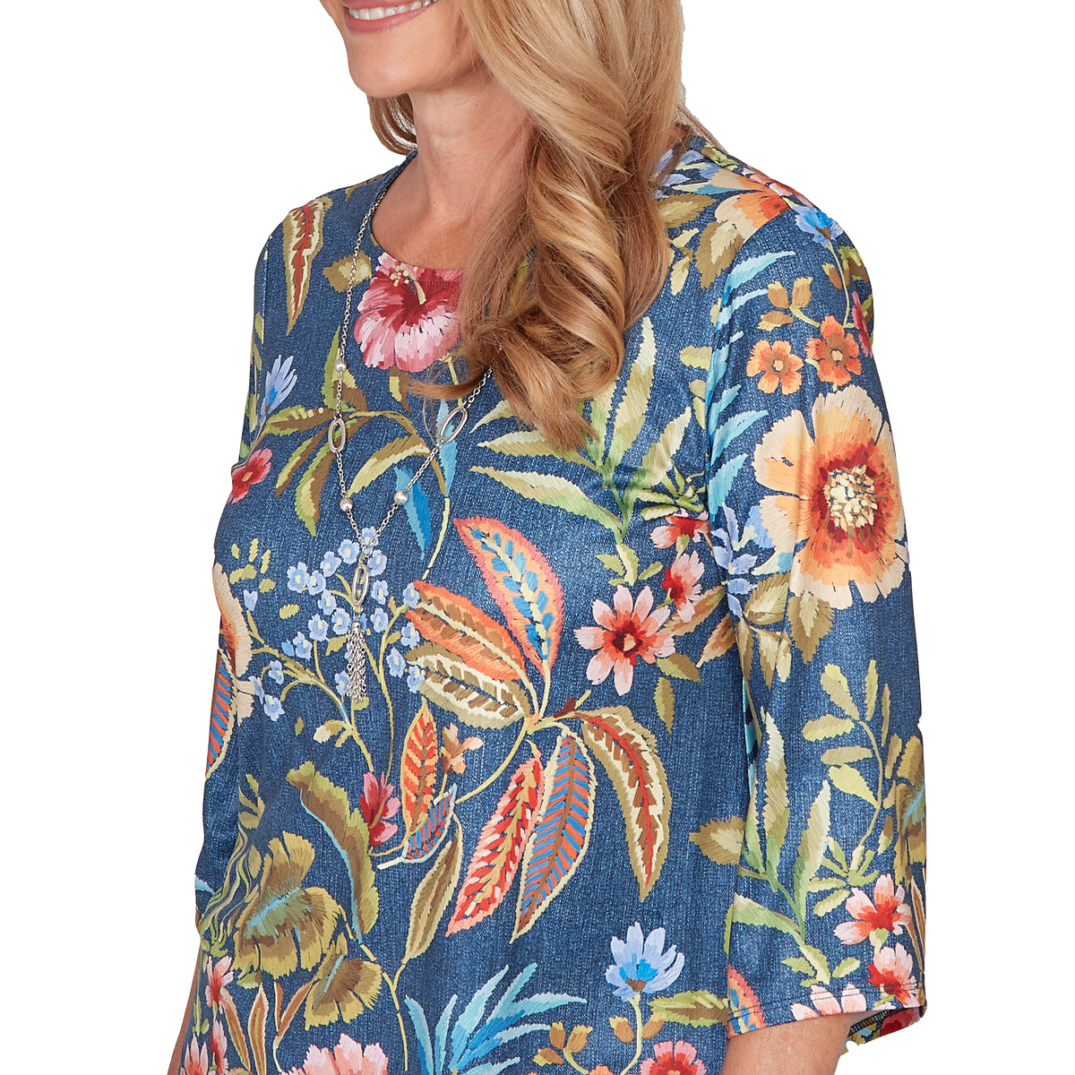 Dressbarn Featured | Alfred Dunner Floral Print Pointed Hem Top with Necklace