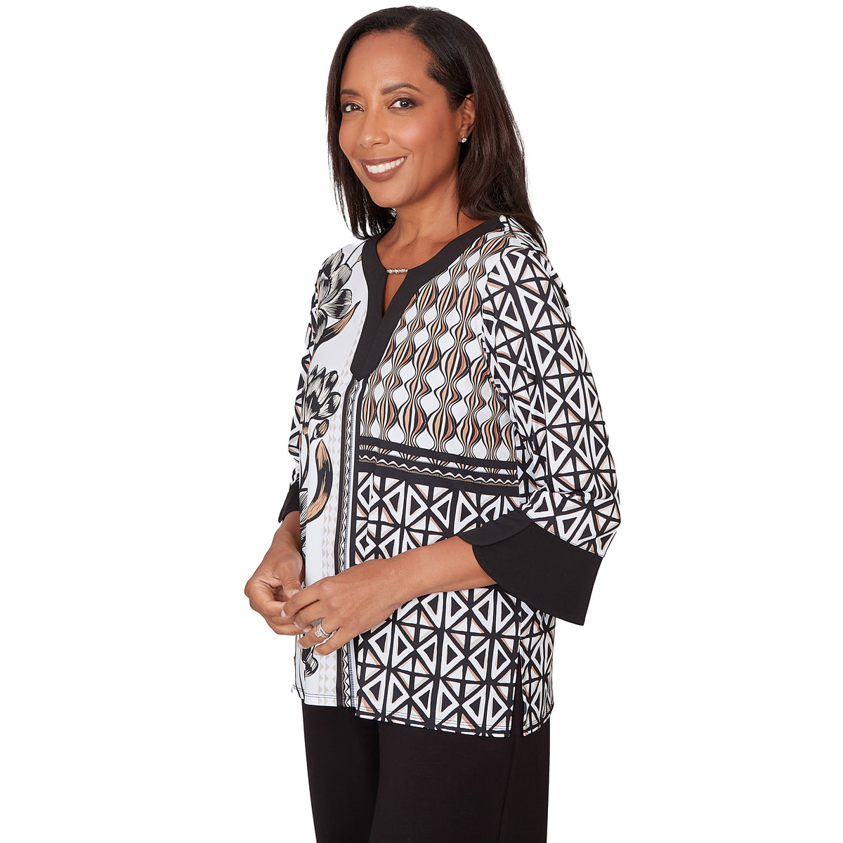 Dressbarn Trending | Alfred Dunner Floral Geo Patchwork Split Neck Top