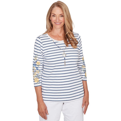 Dressbarn Best Seller | Alfred Dunner Floral Embroidered Stripe Top with Necklace